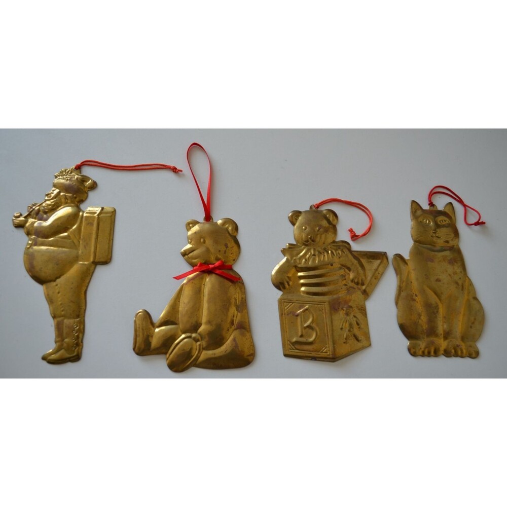 VTG DEPT 56 Lot of 4 Pressed Metal Brass Ornaments Santa Bear Cat Jack in Box